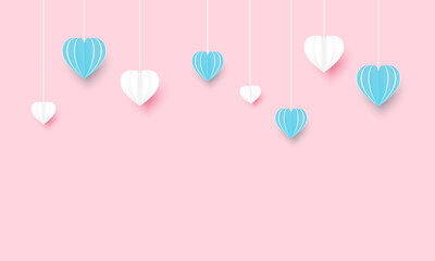 Wall Mural - Blue and white heart paper cut out on pastel pink background.Love symbol vector graphic illustration backdrop wallpaper.Valentine's day, wedding, love, anniversary.