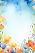 Floral watercolor frame with spring flowers and leaves on light blue background. St Valentines, Women's day, Easter. Romantic backdrop for wedding greeting card, banner, template with copy space