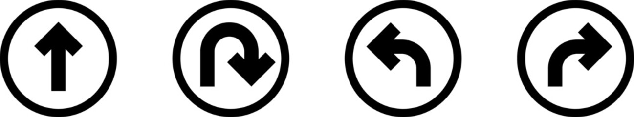 Poster - Go Straight This Way One Way Only U Turn Left and Right Black and White Arrow Round Circle Traffic Sign Direction Icon Set. Vector Image.