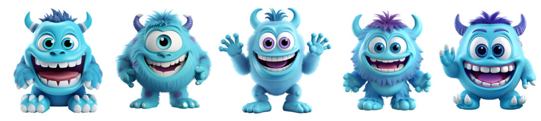 Cute blue monsters collection, cartoon style. On Transparent background