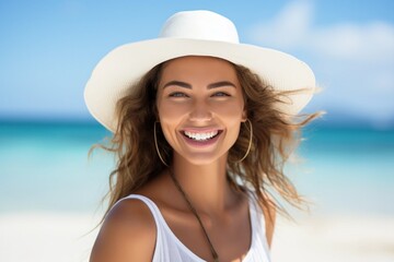 Sticker - Caucasian woman smiling happy on tropical beach