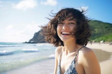 Wall Mural - Asian woman smiling happy on tropical beach