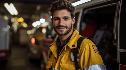 portrait of a young male firefighter in protective gear