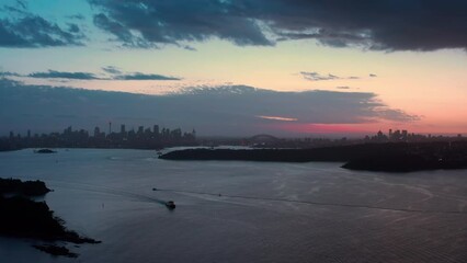 Wall Mural - Sydney Harbour in dusk aerial panoramic view. Australia night scene