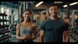 smiling woman an man with dumbbell - successful fitness studio concept. smiling woman an man with dumbbell
