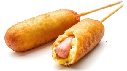 Wall Mural - Corn dogs on sticks with one cut to show the hot dog inside