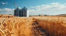 Golden Wheat Field And Grain Silos Under Blue Sky