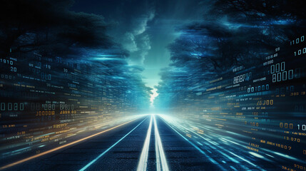 modern data road, light speed travel, rays of light, fast travel of data, high tech