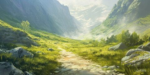 Wall Mural - painting of a sunny mountain path through the valley, generative AI