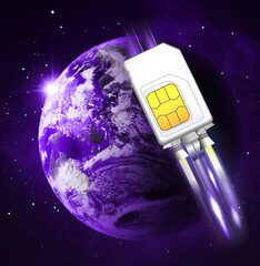 Wall Mural - fast internet connection. sim card rocket flying around planet in space