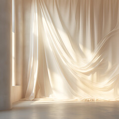 Wall Mural - photorealistic creamy white linen curtains with prismatic light leaks against a white clay texture wall, abstract Ai generative 