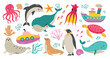 Set of sea and ocean animals turtle, squid, fishes, whale, octopus, submarine, ship, walrus, penguin, dolphin, plankton, clam, shell, sea lion,harp seal, corals, algae cartoon vector illustration