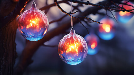 Wall Mural - Glowing Baubles on a Tree with Blurred Lights