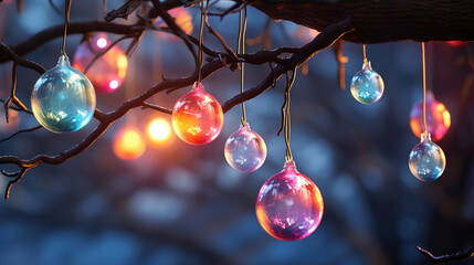 Wall Mural - Christmas banner with bokeh lights and hanging baubles