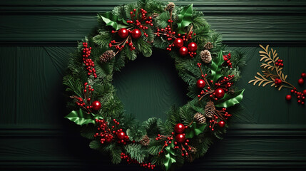 Wall Mural - Happy Holiday Merry Christmas wreath with greens and berries