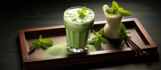 Wall Mural - Iced matcha latte with fresh mint and matcha utensils on a tray.