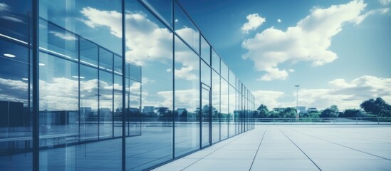 Poster - Stylish office building wall with big glass windows mirrors cloudy sky.