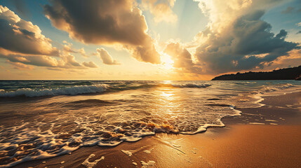 Wall Mural - The beach view at sunset is orange and golden, with sparkling sea sand.