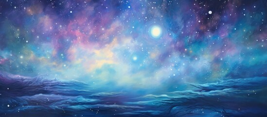 Wall Mural - a psychedelic, dreamlike space with swirling blue, green, and purple hues, sparkling stars, and an e
