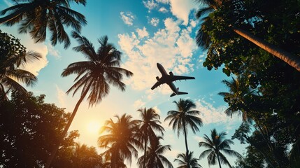 Wall Mural - A commercial plane flying above palm trees at sunset, jet plane flying over tropical island