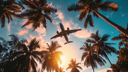 Wall Mural - A commercial plane flying above palm trees at sunset, jet plane flying over tropical island