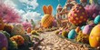 Easter fantasy world with bunnies, giant chocolate eggs and colorful sweets