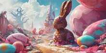 Easter Fantasy World With Bunnies, Giant Chocolate Eggs And Colorful Sweets