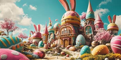 Wall Mural - Easter fantasy world with bunnies, giant chocolate eggs and colorful sweets