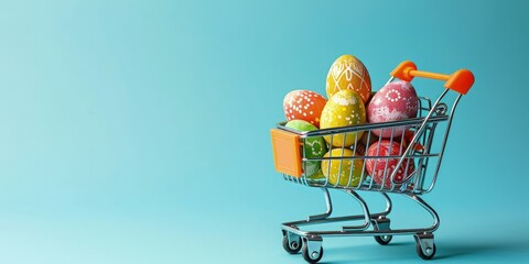 Wall Mural - Shopping cart with colorful easter eggs on blue background