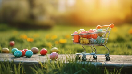 Wall Mural - Shopping cart with colorful Easter eggs on a wooden deck in landscape with grass and flowers