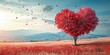 Heart-shaped tree with red leaves in meadow with red flowers, Valentine's Day