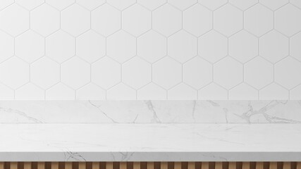 Poster - Empty space white marble top surface on white tiles wall background with natural lighting. Mockup scene display for products presentation. 