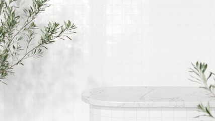 Poster - Empty space white marble top surface on white tiles wall background. Green plants with natural lighting. Mockup scene display for products presentation. 