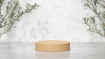 Poster - empty space white marble top surface on white tiles wall background. green plants with natural light