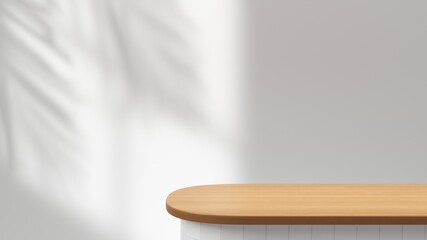 Poster - empty space wooden top surface on white wall background with natural lighting. mockup scene display 