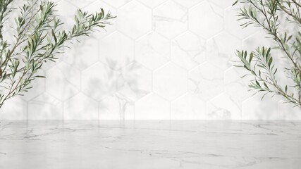 Poster - empty space white marble top surface on white tiles wall background. green plants with natural light