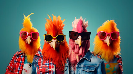 Creative animal concept. Rooster bird in a group, vibrant bright fashionable outfits isolated on solid background advertisement, copy text space.