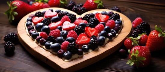 Wall Mural - Heart-shaped red fruit pizza served at the table - Delicious and crispy.