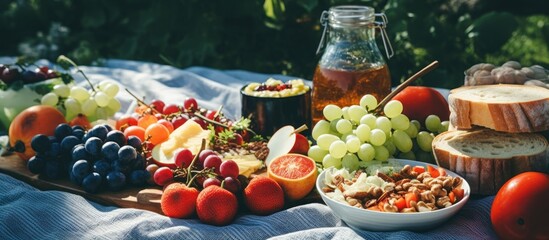 Wall Mural - Healthy picnic in the garden with fresh veggies, nuts, fruits, a drink in a jar, and snacks on a blue cloth.