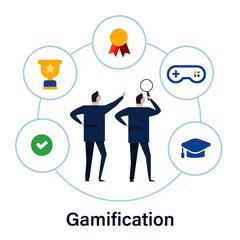 Poster - gamification concept interactive icon set in business application and operation integrating game ach