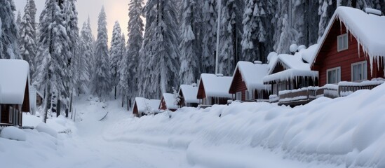 Canvas Print - Hillside cabins in winter park.