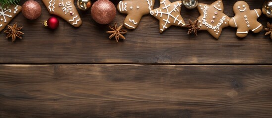 Wall Mural - Top view of a Christmas-themed wooden background, with old paper and various festive elements like fir branches, gingerbread cookies, snowflakes, and a doll angel. There is also copy space available