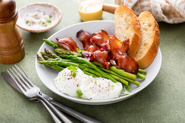 Wall Mural - Healthy and filling breakfast bowl with poached eggs, bacon, asparagus