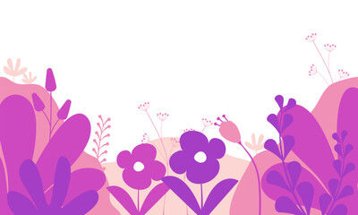 Vector pink and purple nature floral background with copy space for banner, beautiful blue design template in flat style, spring or summer foliage.