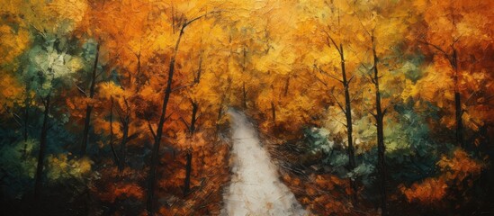 Sticker - A bird's-eye perspective of a road in a fall forest with vibrant trees