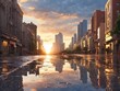 3D Rendering of sunset with city buildings and reflection on wet street puddles. For car or product advertising background