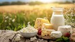 Milk and several types of cheese and cottage cheese on a wooden table on a farm against a field, dairy farm products