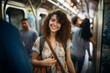 A beautiful woman is smiling while standing in a subway car. Generative Ai.

