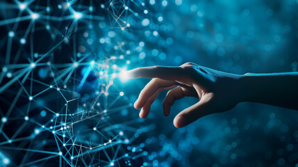 a deep blue background where a male hand interacts with a complex digital network interface hologram