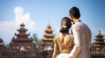 indian bridal couple holding wedding with temple background and blue sky in back view